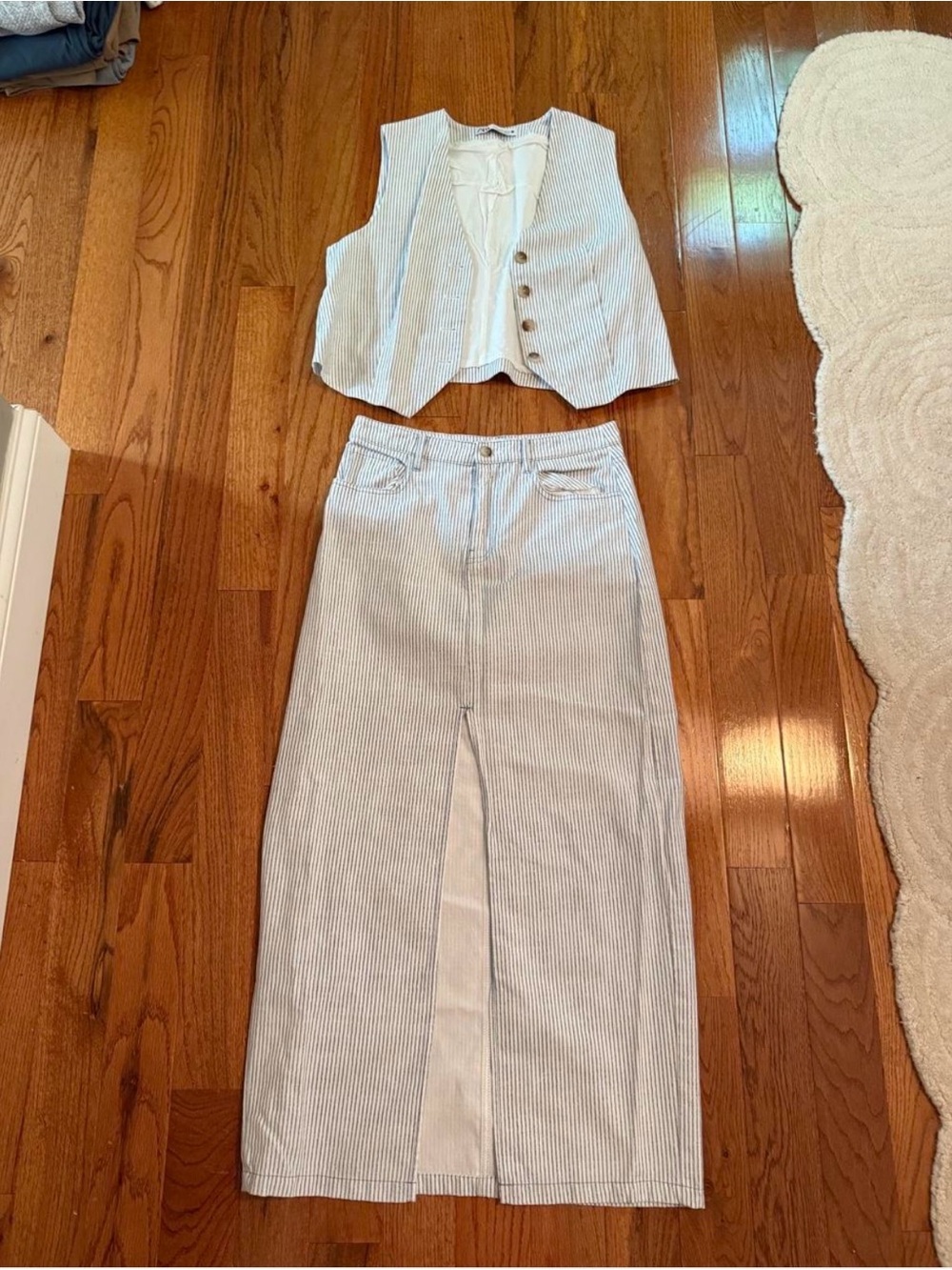 Zara Blue and White Striped Maxi Skirt with Matching Vest